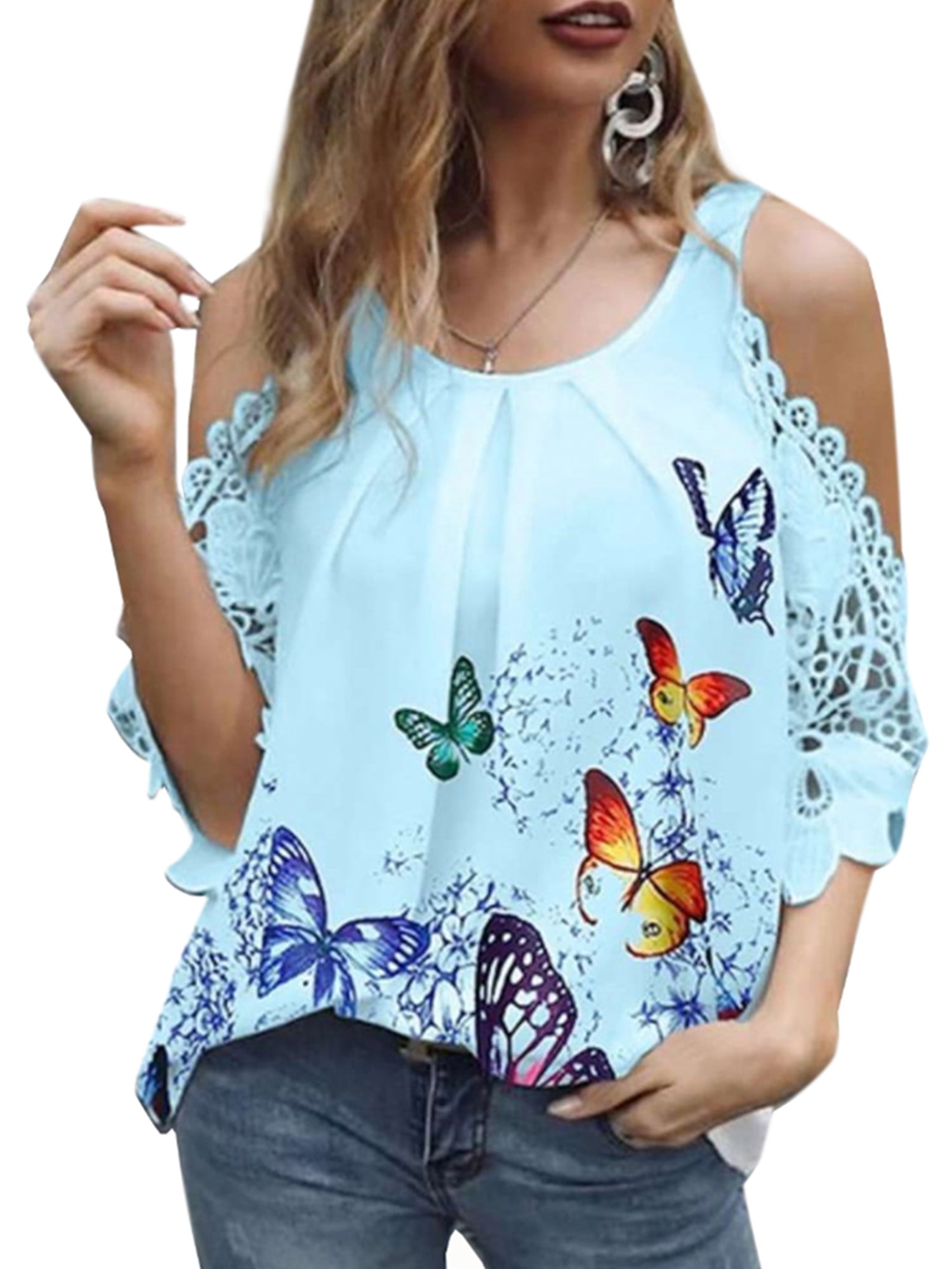 Plus Size Womens Floral Printed Short Sleeve Shirt Summer Cold Shoulder Tops Casual Blouse