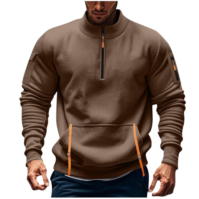 Men's Fashionable Solid Color Long Sleeved Stand Up Collar Pullover Sports Pocket Sweatshirt