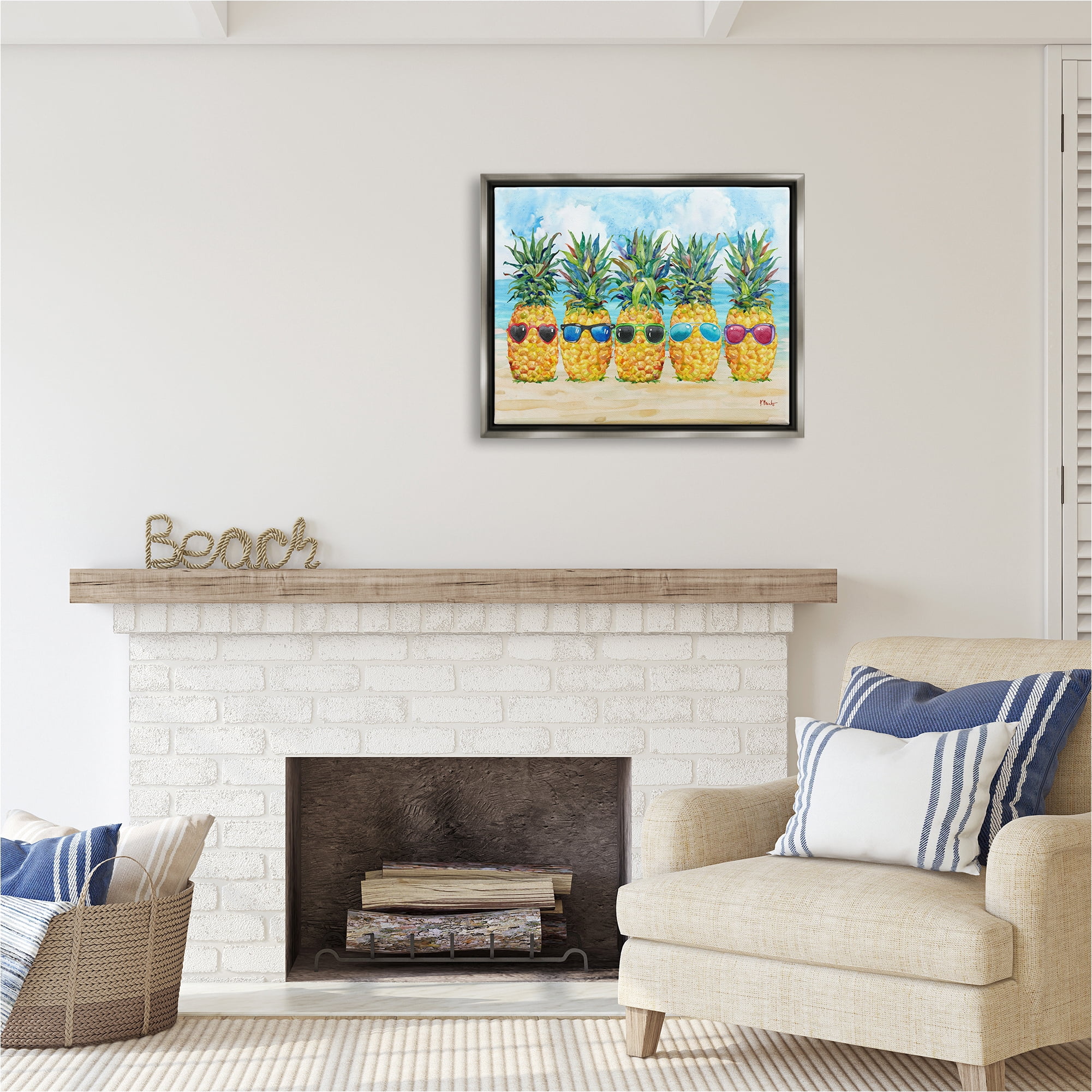 Stupell Industries Pineapples & Sunglasses Food & Beverage Painting Gray Floater Framed Canvas Art Print Wall Art, 31 x 25