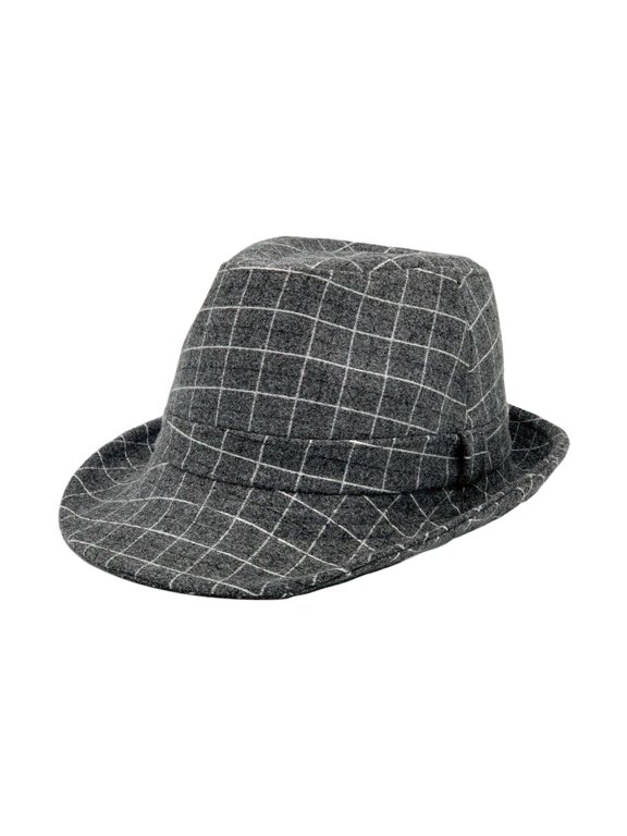 Wool Check Pattern Fedora Hat - Classic Trilby Manhattan Tattersall Pattern for Men Women LD61566 (Grey)