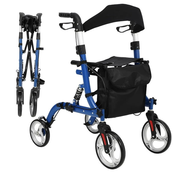 Lumiparty Folding Rollator Walkers for Seniors, with Shock Absorber, Lightweight Mobility Walker with Seat and Wheel, Adjustable Height Rolling Wheelchair, Blue