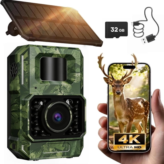 MAXDONE 48MP Bluetooth Trail Camera with 2000mAh Battery, Solar Panel, 32GB Memory Card