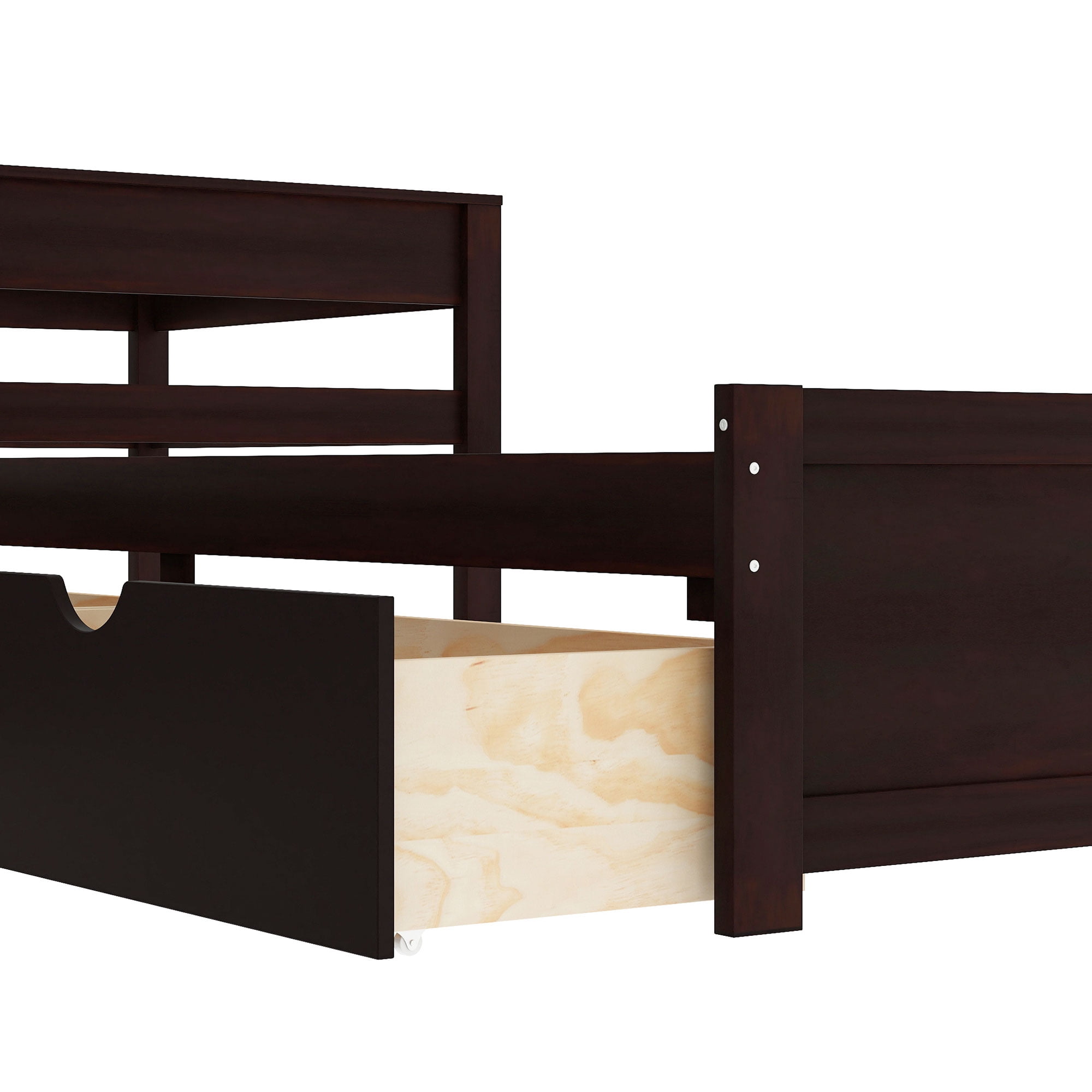 Euroco Pine Wood L-Shaped Twin Platform Bed with Trundle, 3 Beds in One for Bedroom, Trundle Bed with Drawers and Built-in Desk, Espresso