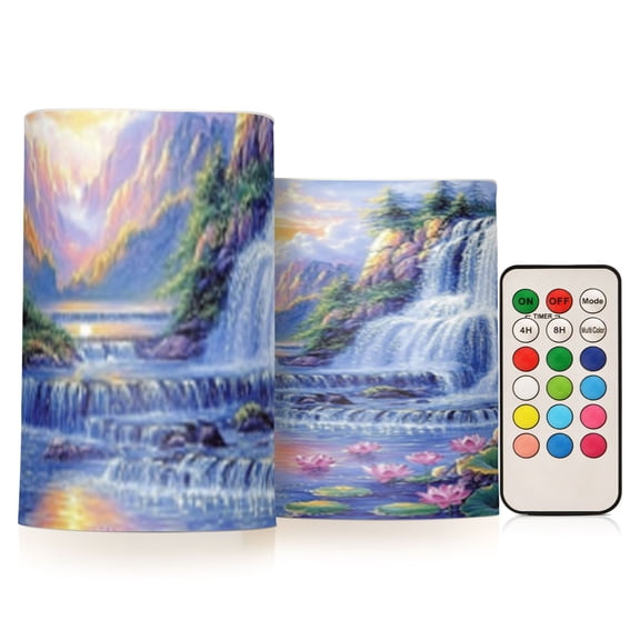 Beauty Waterfall Scene Flickering Flameless Candles Battery Operated with Remote Timer LED Pillar Candles Set of 2
