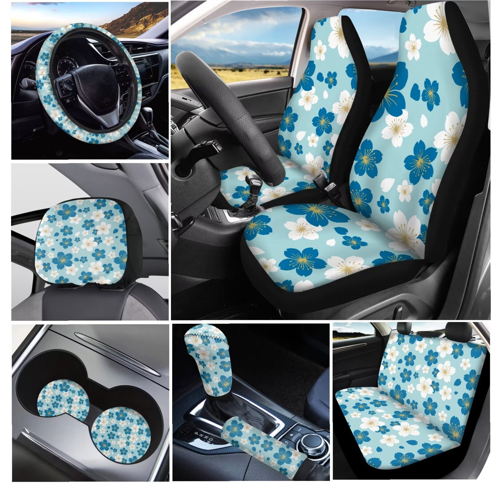 Garronmavis Blue Cute Flower Car Seat Covers Full Set, Breathable Air Polyester Car Seat Cover, Steering Wheel Cover Gear Shift Cover Handbrake Cover Headrest Cover Cup Coasters Universal Fit