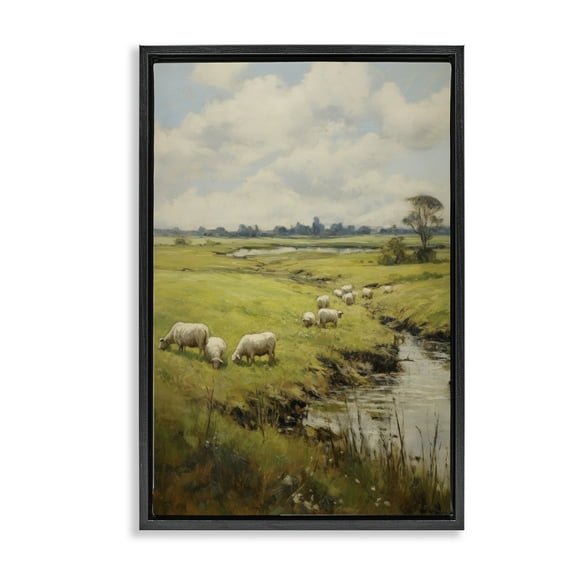 Stupell Industries Grazing Sheep Countryside Landscape Painting Black Floater Framed Canvas Art Print Wall Art, 17 x 25