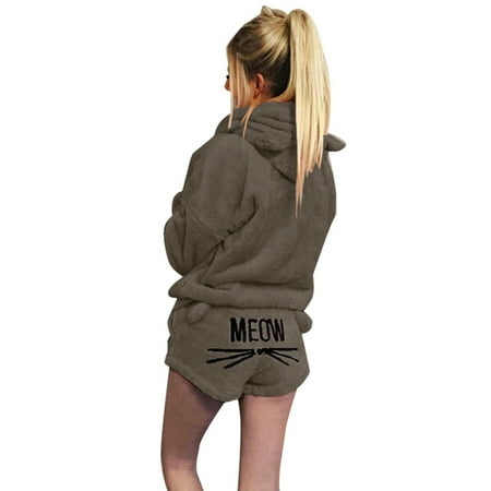 

Women Plush Pajamas Set Thick Hoodie Long Tops+Embroidery Shorts Sleepwear Homewear 3XL 18