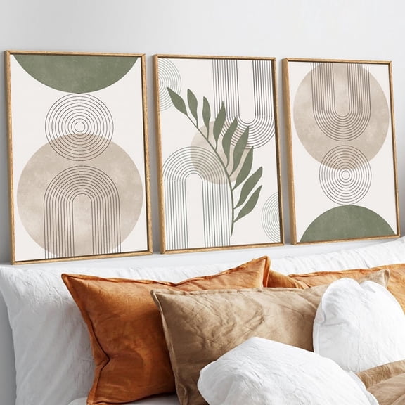 Boho Sage Green Canvas Prints Wall Art Abstract Botanical Framed Wall Decor Minimalist Geometric Line Leaf Canvas Artwork Set of 3 for Living Room Bedroom Dining Room Office Bathroom 16x24In