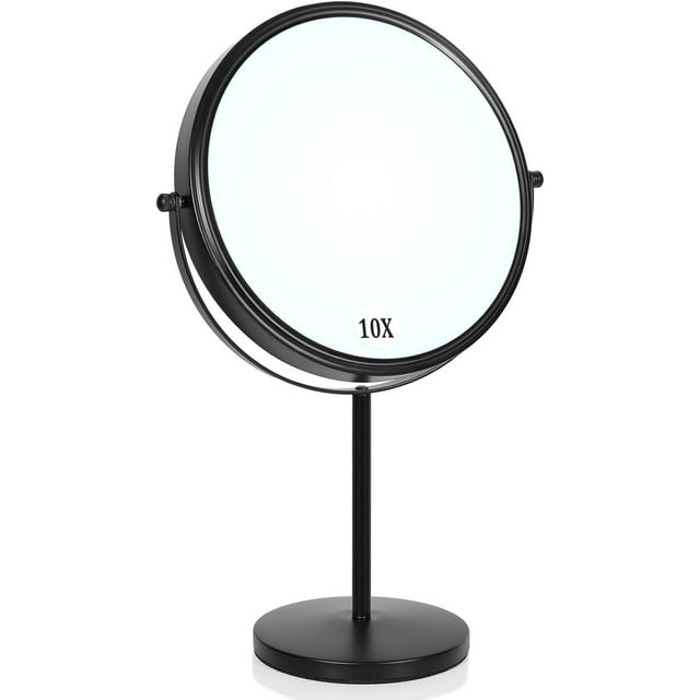 Large Size Tabletop Makeup Mirror with Magnification, 9-Inch Double-Sided 360° Swivel Free Standing Vanity Mirror, 1X/10X Magnifying Mirror with Stand for Bathroom & Bedroom, Matte Black, No Light