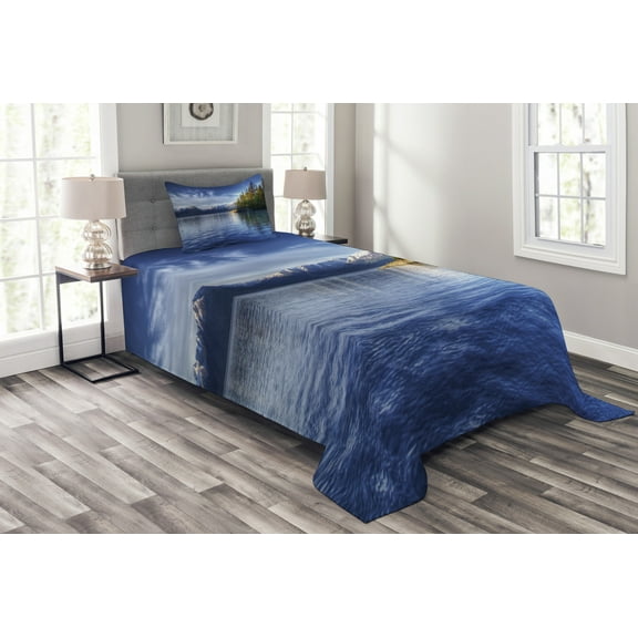 Ambesonne Alaska Quilted Bedspread Set 2 Pcs, Turnagain Arm Lakeside, Twin Size, Lime Green Navy Blue