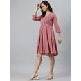 thumbnail image 5 of Janasya Summer V-Neck 3/4 Sleeve Solid Coral Pink Cotton Flared Midi Dress For Women, 5 of 7