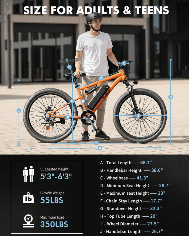 Qlife Racer 27.5 Inch Electric Bicycle for Adults, Full Suspension 21-Speed Mountain Ebike with Peak 1200W 28MPH Brushless Motor, 48V10.4Ah, (Orange) with Fender & Rear Rack