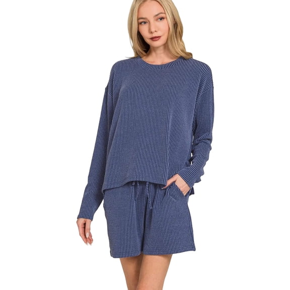 Zenana Corded Rib Long Sleeve Tee and Shorts Set