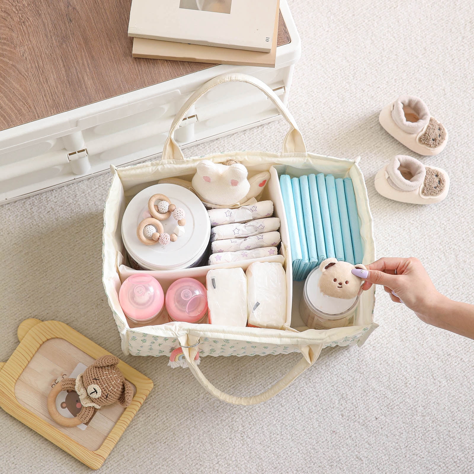 Baby Diaper Caddy Organizer, with Removable Divider Portable Stylish Nursery Storage Basket, Newborn Essentials, Newborn Caddie Car Travel，Botanical Floral