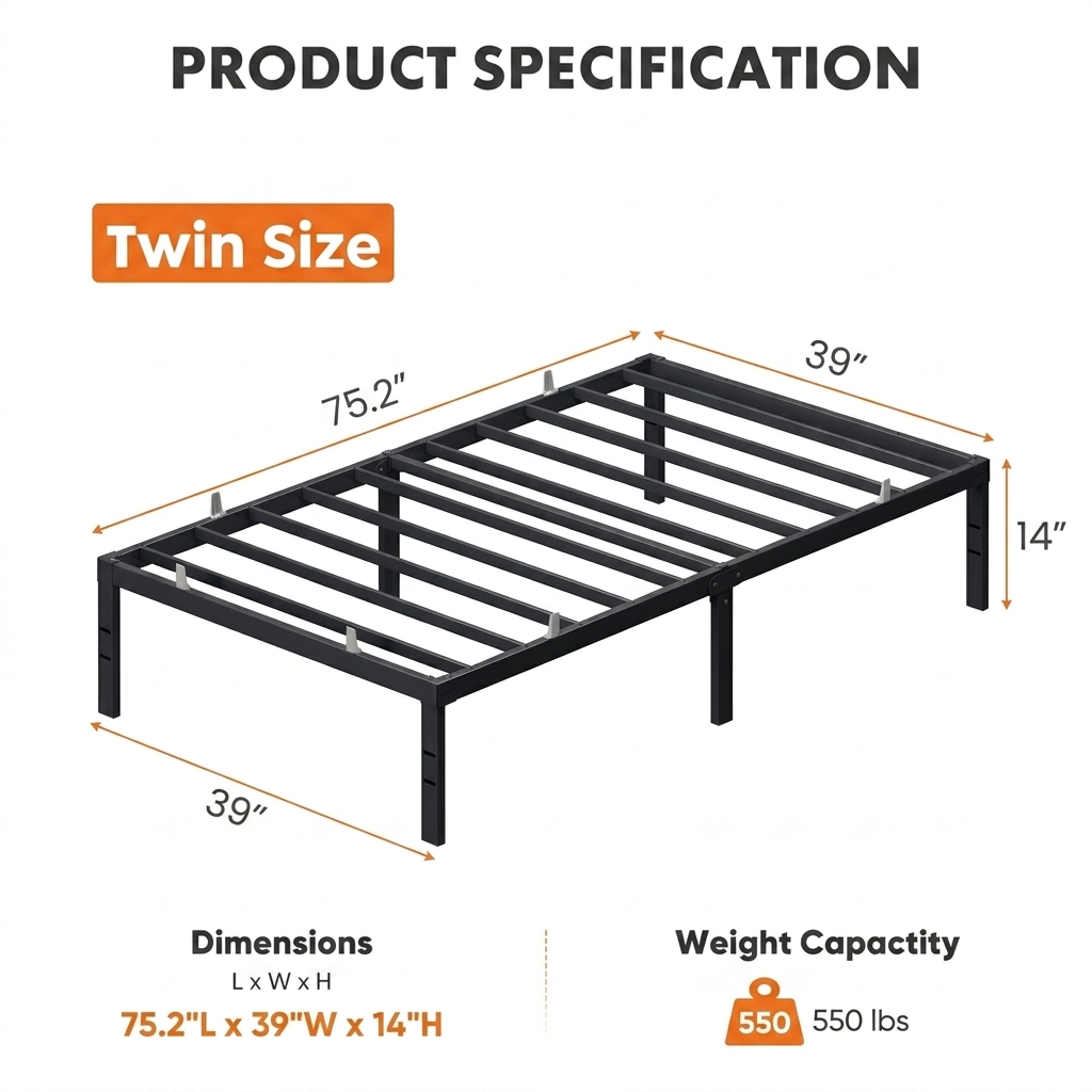 Ledrem Twin Platform Bed, 14-Inch Metal Frame, 550 lb Capacity photo 7