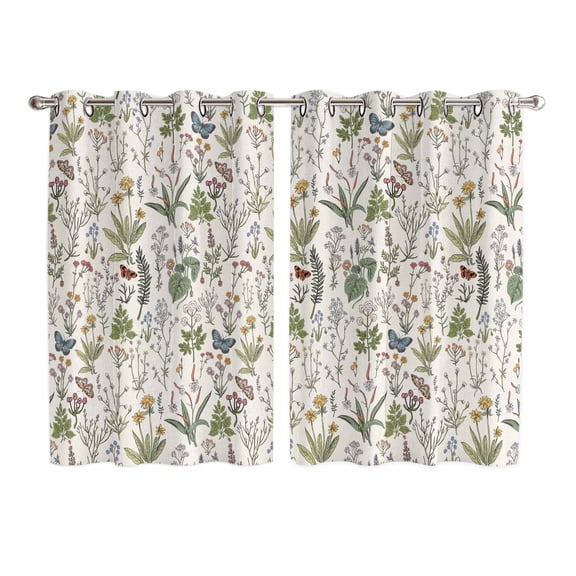 Botanical Kitchen Curtains 63 Inch Length, Vintage Floral Wildflower Country Leaf Plant Grommet Top Bedroom Living Room Curtains, Light Filtering Cafe Curtain Drapes 2 Panels Set 104''x63''