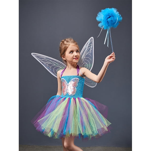 Txlixc Conjunto de Vestido de Cosplay para niña pequeña, Vestido de Patchwork de Tul Sin Mangas de Hada de Mariposa + Alas Transparentes + Varita Mágica Txlixc Moda