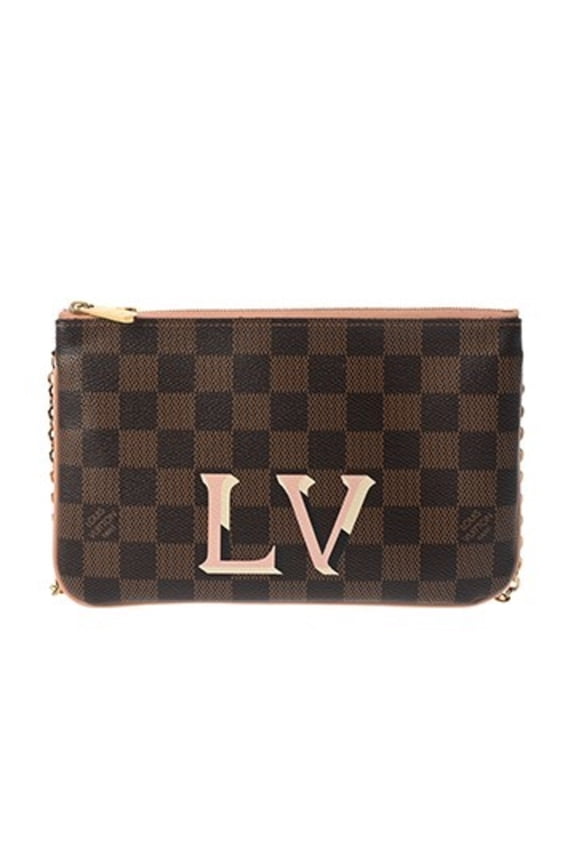 Pre-Owned LOUIS VUITTON Louis Vuitton Damier Pochette Double Zip Brown Pink N60254 Women's...
