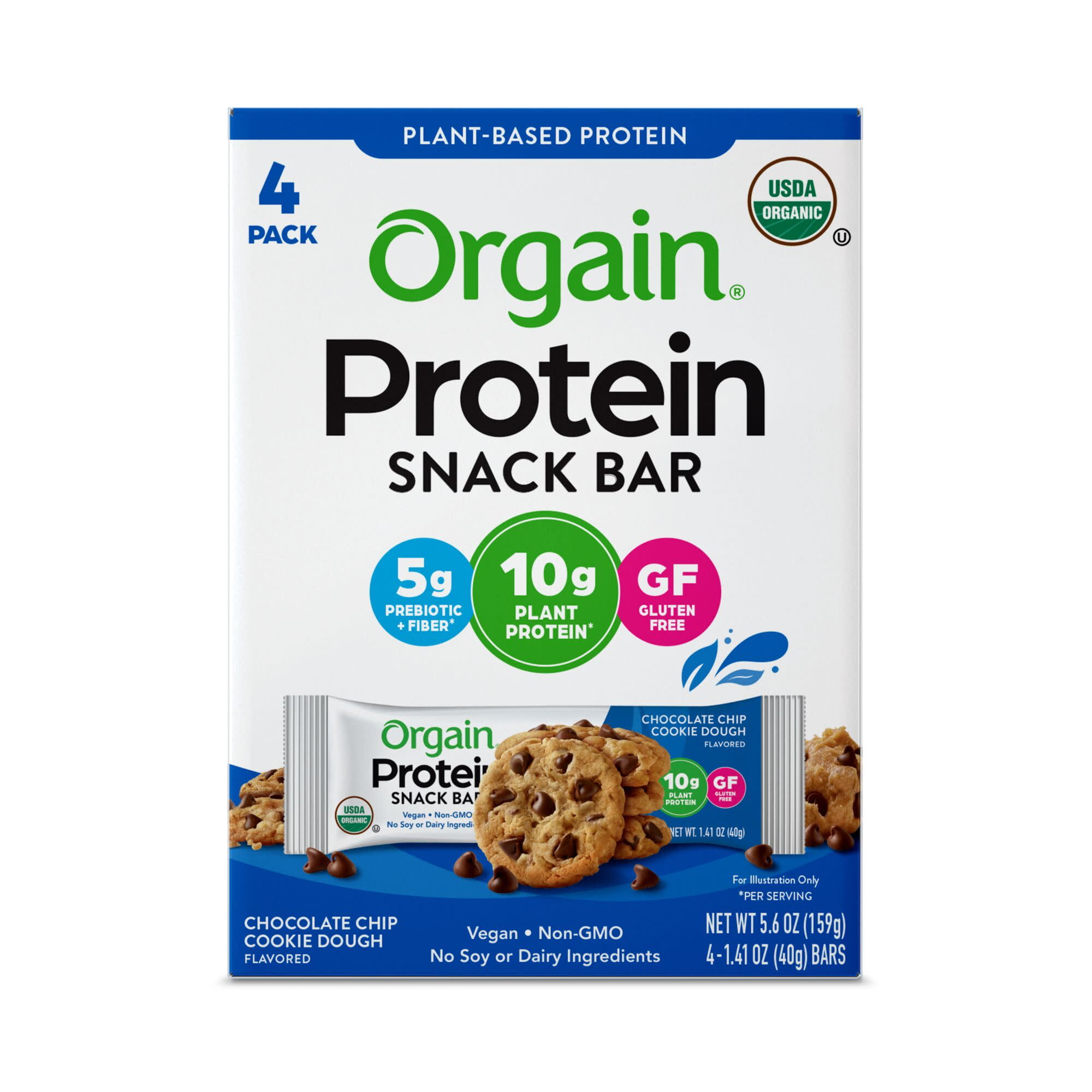 Orgain Organic Plant Based Protein Bar, Chocolate Chip Cookie Dough- Vegan, Gluten Free, 4ct