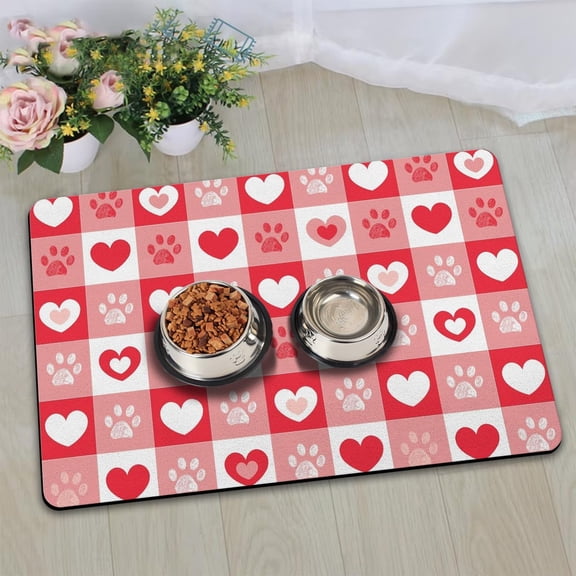 Dog Food Mats for Floors, Absorbent and Quick-Drying Pet Cat Food Mat,Anti-Fouling and Easy-to-Clean Pet Feeding Mat,Dog Bowl Mat for Messy Drinking Water Bowls.16 x24,Red Heart