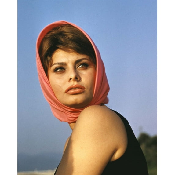 Sophia Loren gorgeous portrait early 1960's wearing pink head scarf 24x36 poster