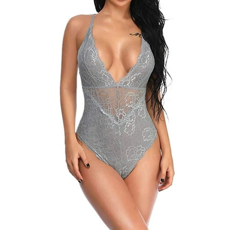 adviicd Lingerie For Women Plus Women Lingerie Deep V Lace Teddy One Piece Mini Bodysuit Grey S