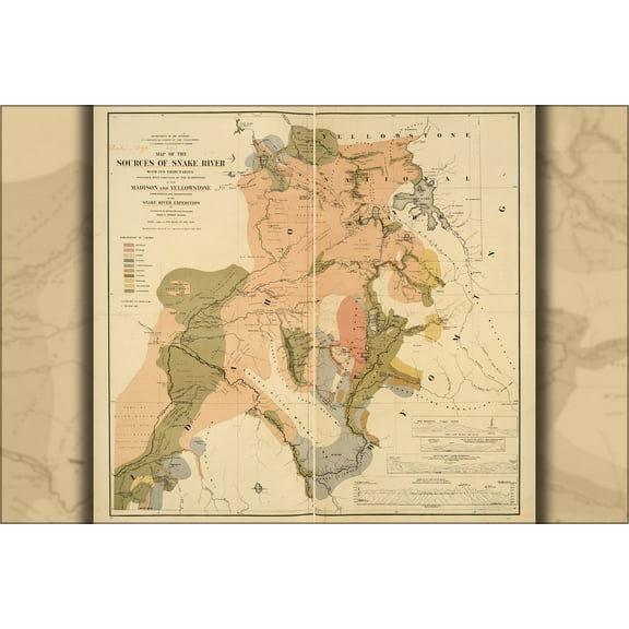 24"x36" Gallery Poster, Map of the sources of Snake River 1872