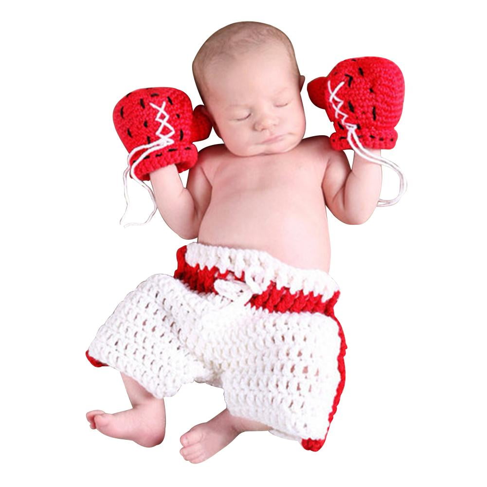 UN3F Newborn Baby Photo Photography Prop Knit Costume Boxing Gloves Pants Suit 