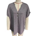 thumbnail image 1 of V Masajeadores de cuello botón Top mujeres sueltas casual elegante color liso manga corta camisa blusa para trabajo oficina, 1 of 3