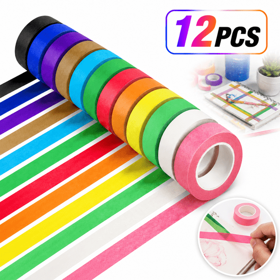 Emlimny 12PCS Colored Masking Tape, Art Supplies, DIY Craft Tape, Colored Tape Rolls, Colored Painters Tape, 1.7cm x 12m (2/3In x 13Yards)