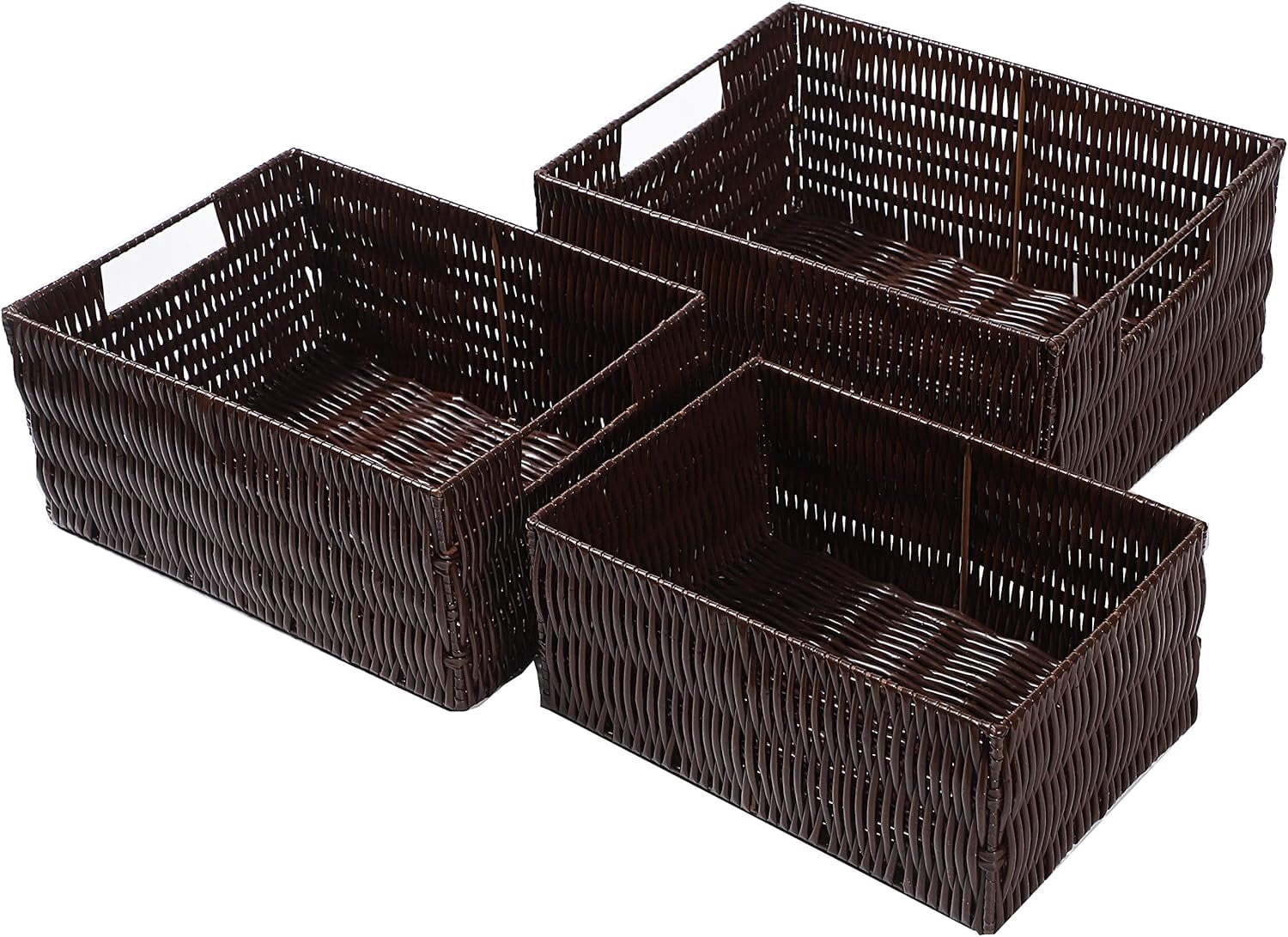 Elevon 3-Pack Handmade Waterproof Woven Wicker Storage Baskets with Skeletonized Handles, Brown, (1 Set)