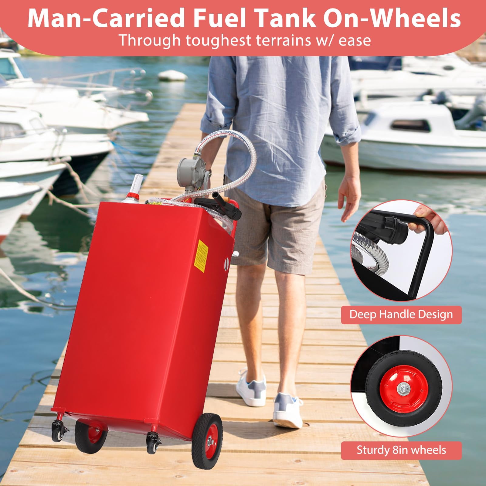 35 Gallon Gas Caddy, Portable Fuel Storage Tank with 4 Wheels & Manual Transfer Pump, Diesel & Gasoline Fuel Container for Cars, Lawn Mowers, ATVs, Boats