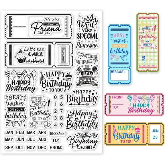 Birthday Greeting Ticket Clear Stamps for Cards Making Month Number Clear Stamp Seals 5.83x8.27 inch Transparent Stamps for DIY Scrapbooking Photo Album Journal Home Decoration