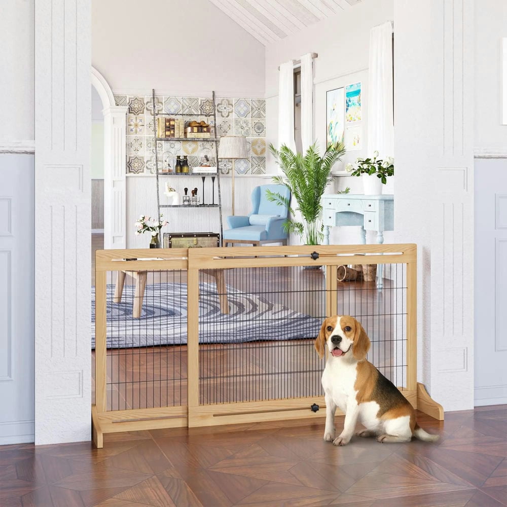 Yardi Yarda 72" W x 27" H Extra Wide Freestanding Pet Gate with Adjustable Length Dog, Cat, Barrier for House, Doorway, Hallway, Natural