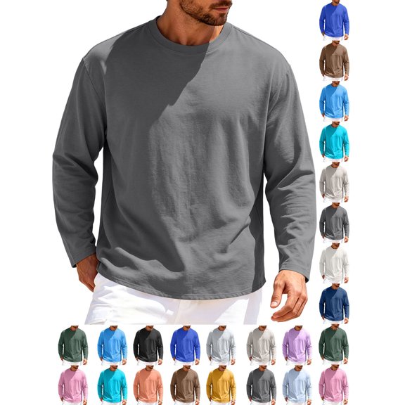 Hzzrkos Men's Casual Fashion Solid Color Round Neck Long Sleeve Sports Fitness Workout Athletic Pullover T-Shirt Top Breathable Quick Dry Lightweight for Gym Training Running Dark Gray