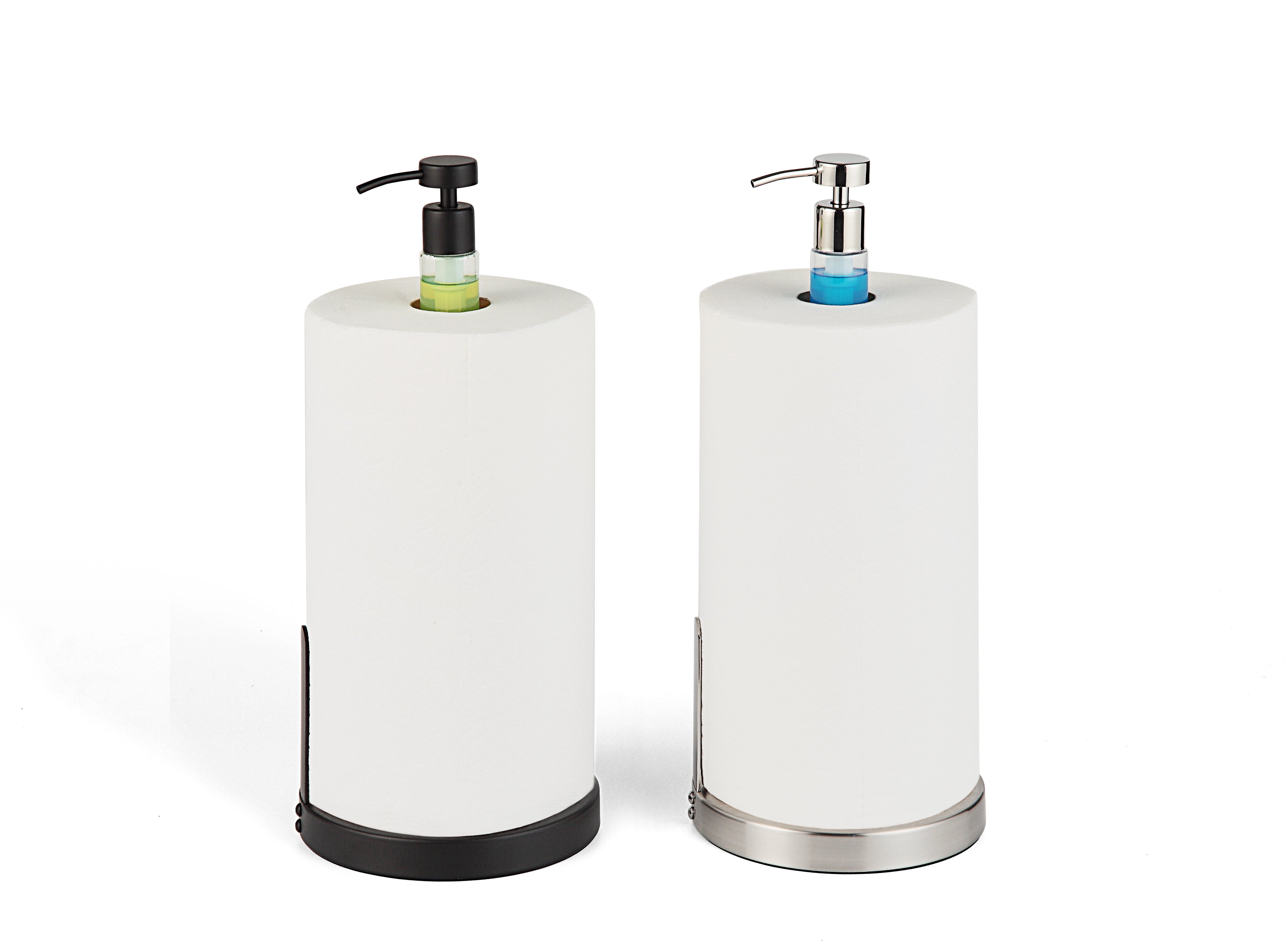SunnyPoint Heavy Weighted Paper Towel Holder Stand with Built-in Pump Bottle – Satin Nickel