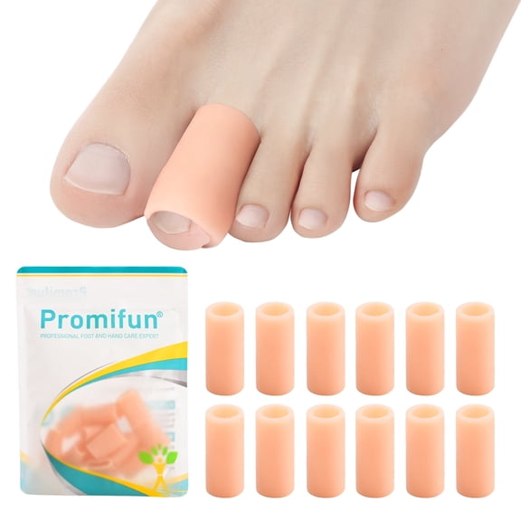 Promifun Silicone Toe Protectors – 12 Pack Silicone Toe Sleeve for Hammer Toes, Corns, Calluses, Blisters – Soft Gel Toe Tube Pads for Pain Relief(Beige)