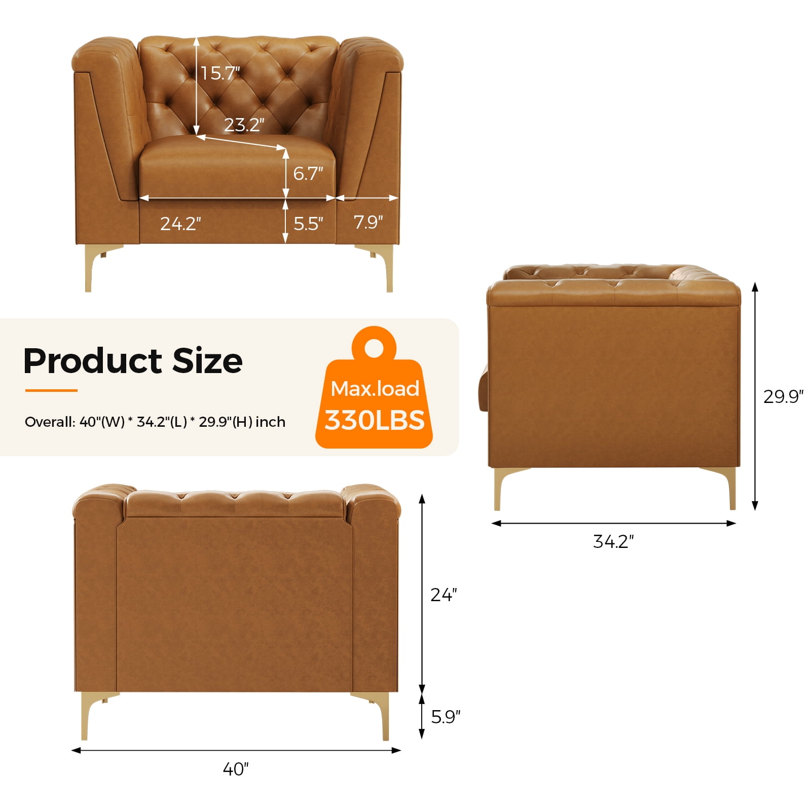 BLAZANT 40” Chesterfield Single Sofa, Upholstered Faux Leather Accent Chair, High Resilience Single Vintage Tufted Couch with Deep Seats & Metal Legs, Mid Century Modern for Living Room