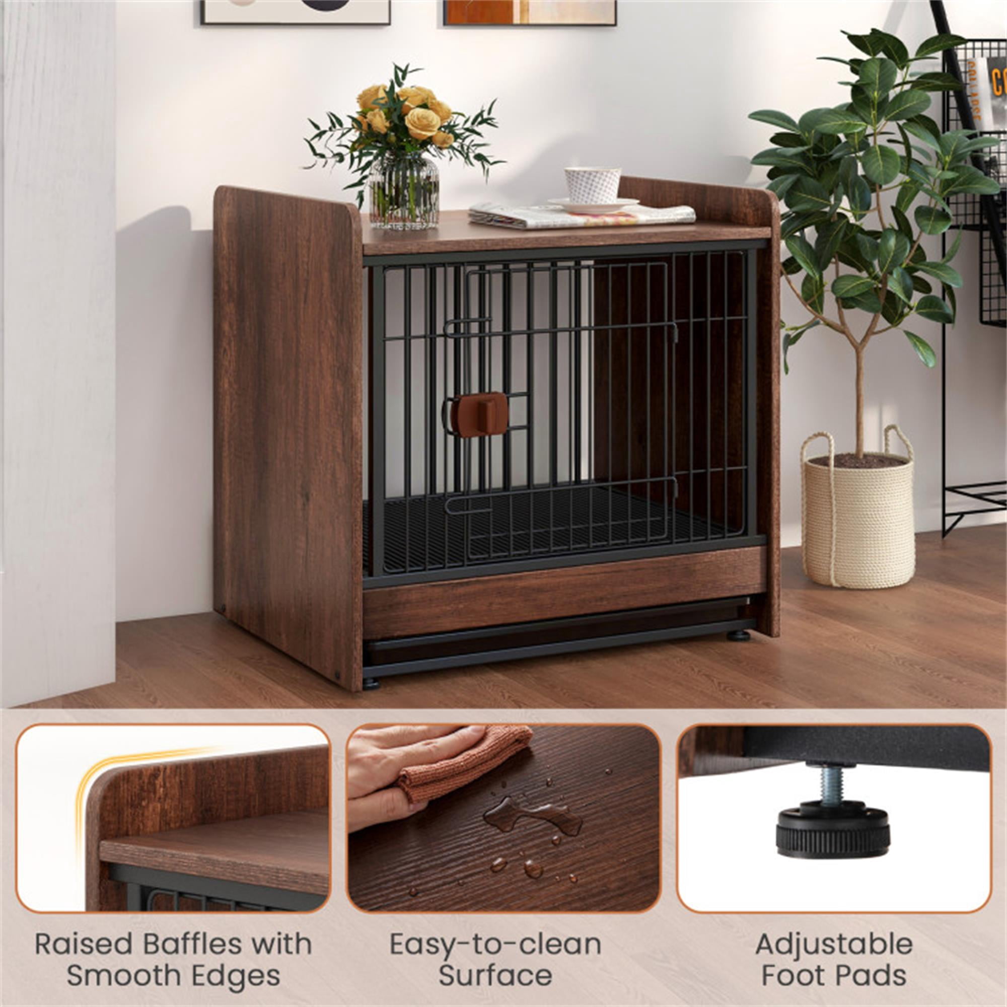 Pefilos 25" Dog Crate Furniture, Indoor Dog Kennel with Removable Tray and Lockable Door, Decorative Pet Cage Dog House, Brown