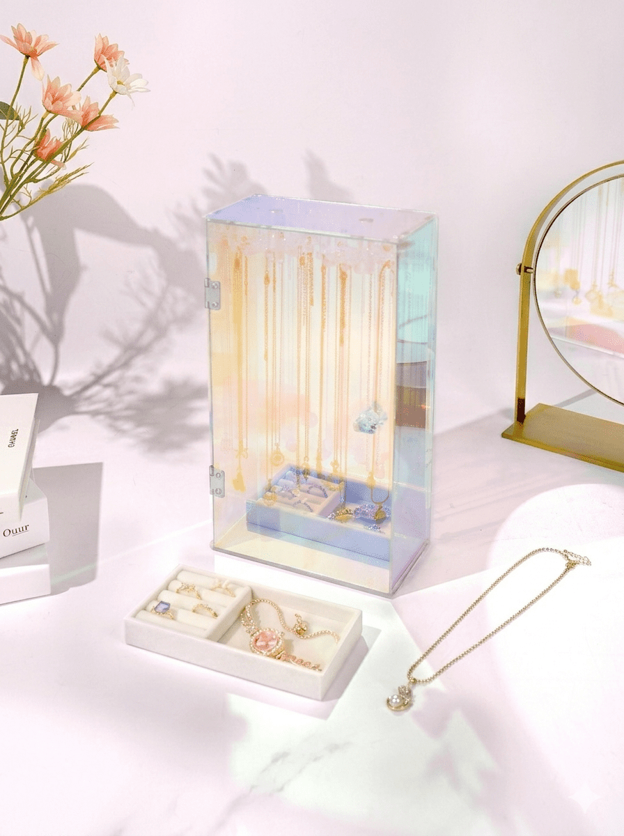Cirhy Iridescent Acrylic Necklace Holder with Velvet Tray, 24 Rotatable Hooks Jewelry Organizer Box, Dustproof Rainbow Necklace Storage for Necklaces, Earrings, Rings, Bracelets