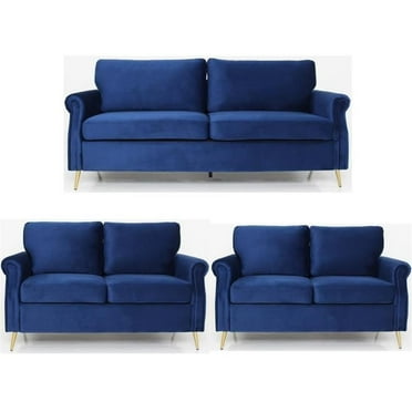 Home Square 3 Piece Set with 2 Velvet Living Room Loveseats & Sofa in Dark Blue