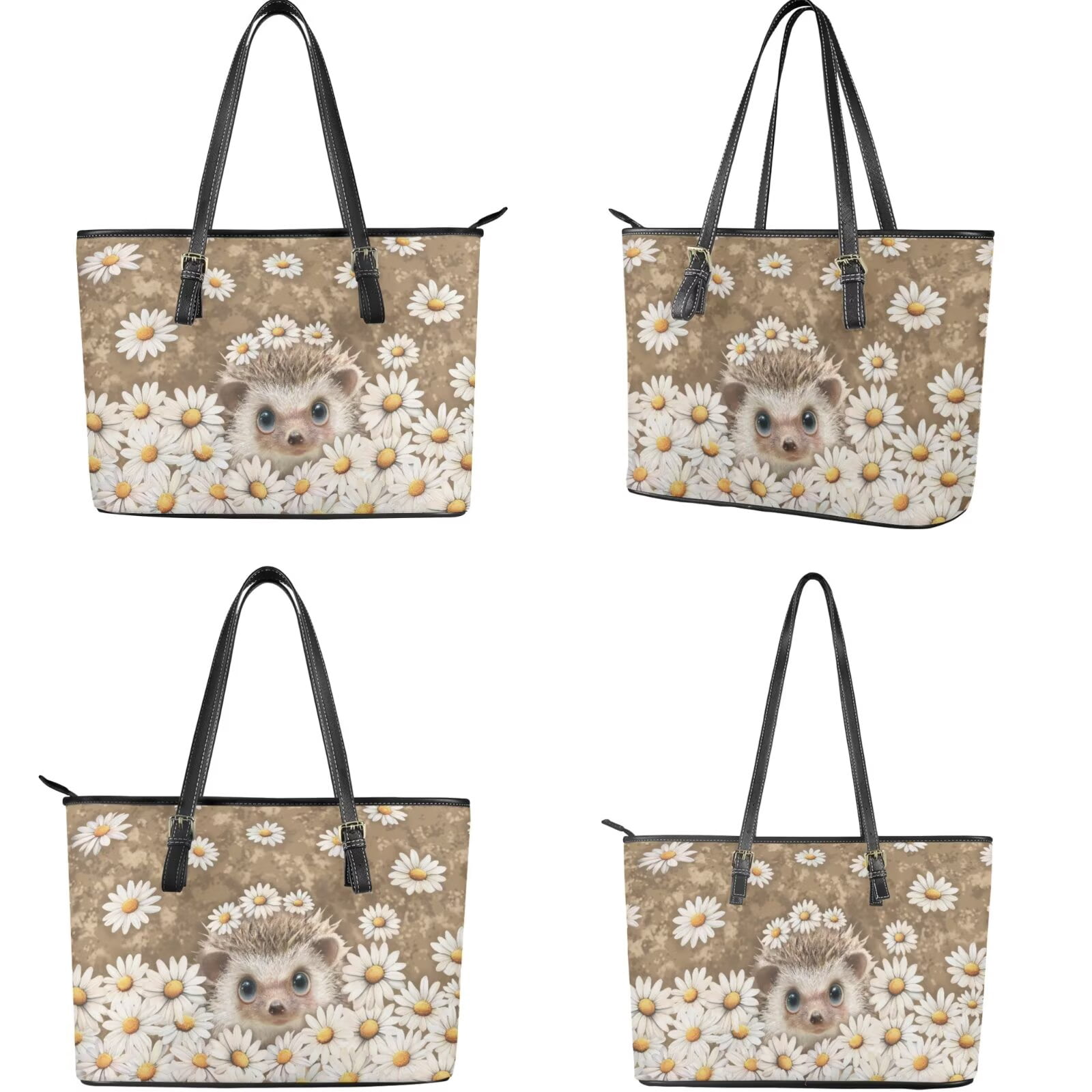 TSOVTHRID Hedgehog Daisy Print Handbag with Wallet Set Tote Satchel Shoulder Purse with Matching Wristlet Wallet PU Leather Top Handle Handbag with Coin Purses, Beige