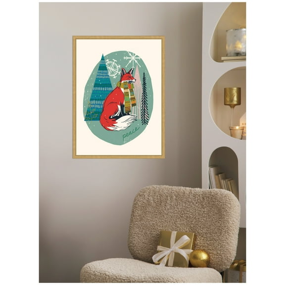Kate and Laurel Framed Canvas Wall Art Print 'Winter Fellows Fox' by Hannah Beisang, 18 x 24 Sylvie Bright Gold Frame, Whimsical, Animal Art for Wall Decor