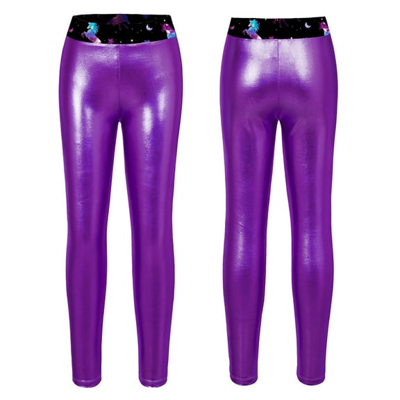 DPOIS Kids Girls Shiny Metallic Dance Leggings High Waist Footless Yoga Tights Pants