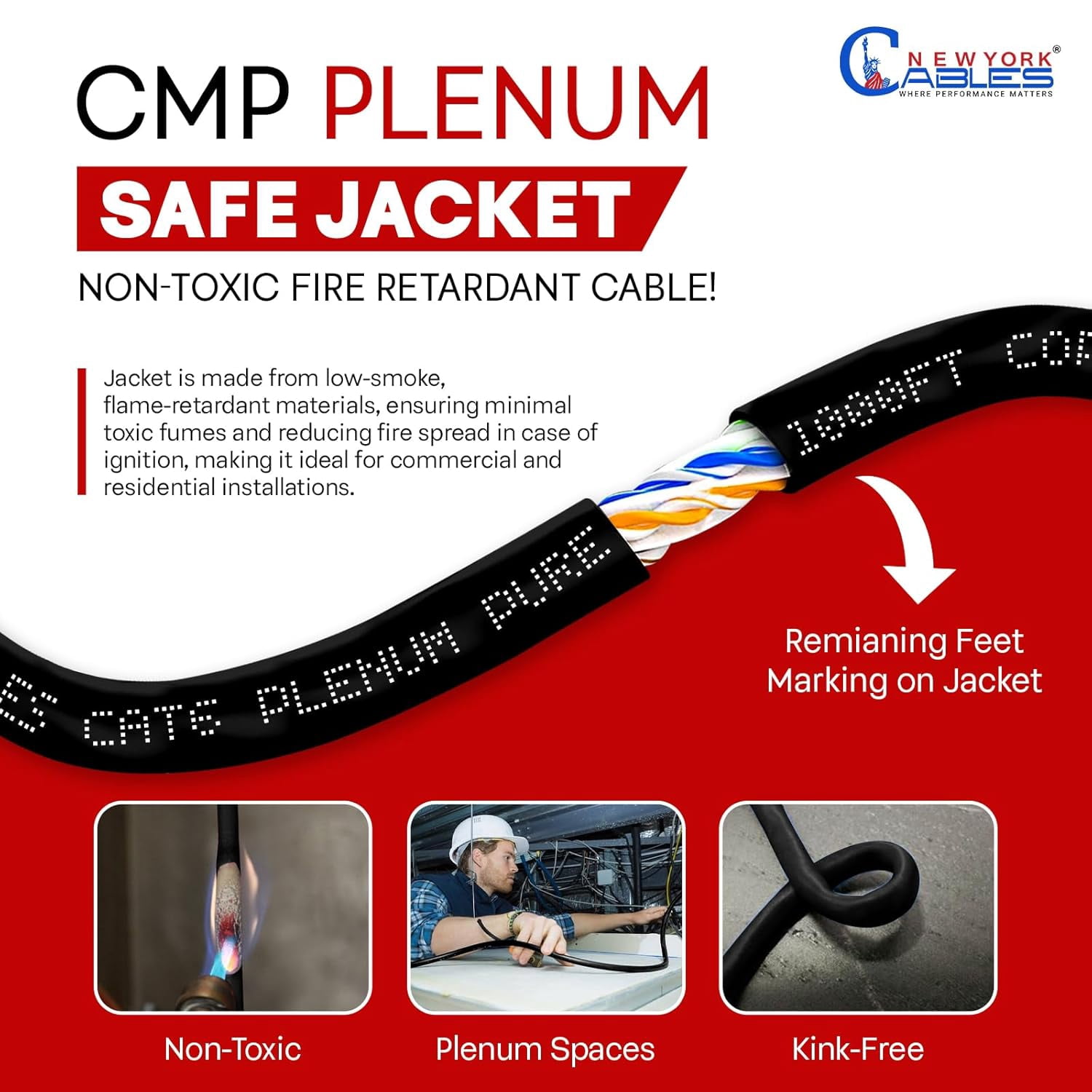 NewYork Cables | Cat6 Plenum Ethernet Cable Pure Copper 1000ft UTP 4Pairs 550MHz 23AWG 10 GB Black