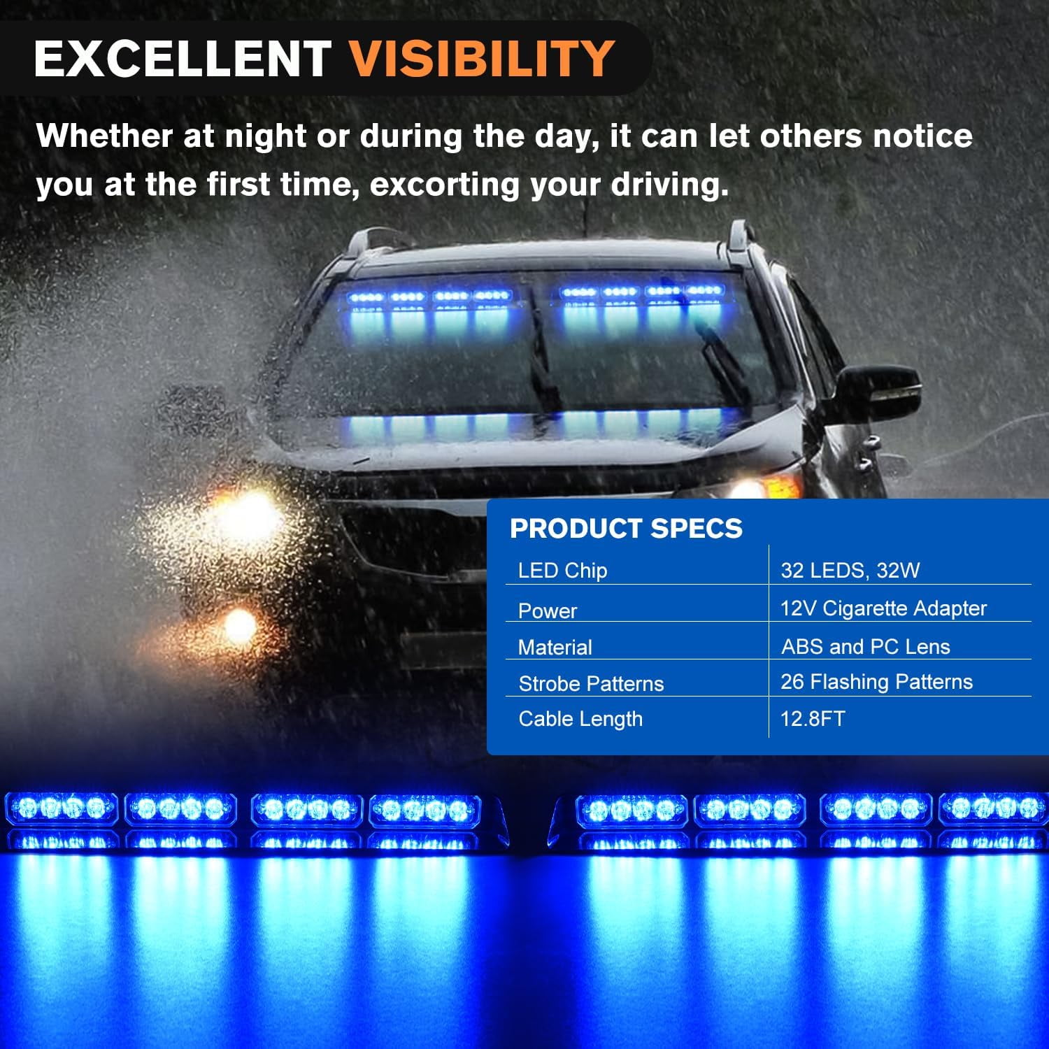 Nilight 32Led Blue  Strobe Lights with Controller Suction Cups Warning Hazard Interior Front/Rear Windshield Deck Split Light Bar for Trucks