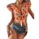 thumbnail image 2 of VISgogo Blusa de manga corta con volantes para mujer, blusas cortas estilo festivo con nudo de corbata frontal estampado floral, blusas simples informales VISgogo  moda, 2 of 6