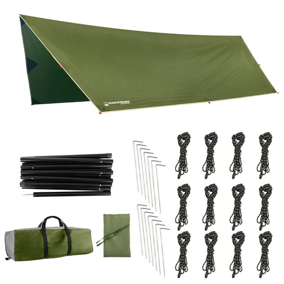 Wakeman Outdoors 15x12ft Camping Tarp with Poles, Tent or Hammock Rain Fly with UV Protection, Green