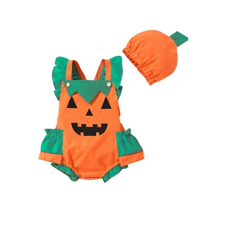 

Franhais Baby Girl Boy Halloween Outfit Pumpkin Face Print Square-Neck Suspenders Jumpsuit + Hat