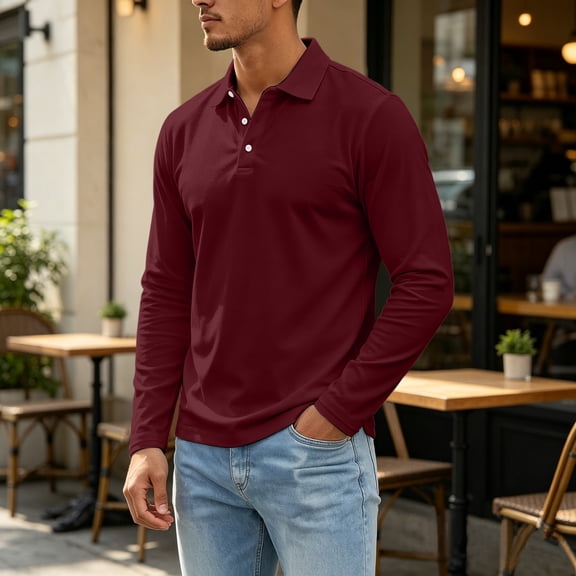 Domuza Mens Polo Shirts Collared Button Down Long Sleeve Solid Dress Shirt Fall Casual Athletic Golf Shirts